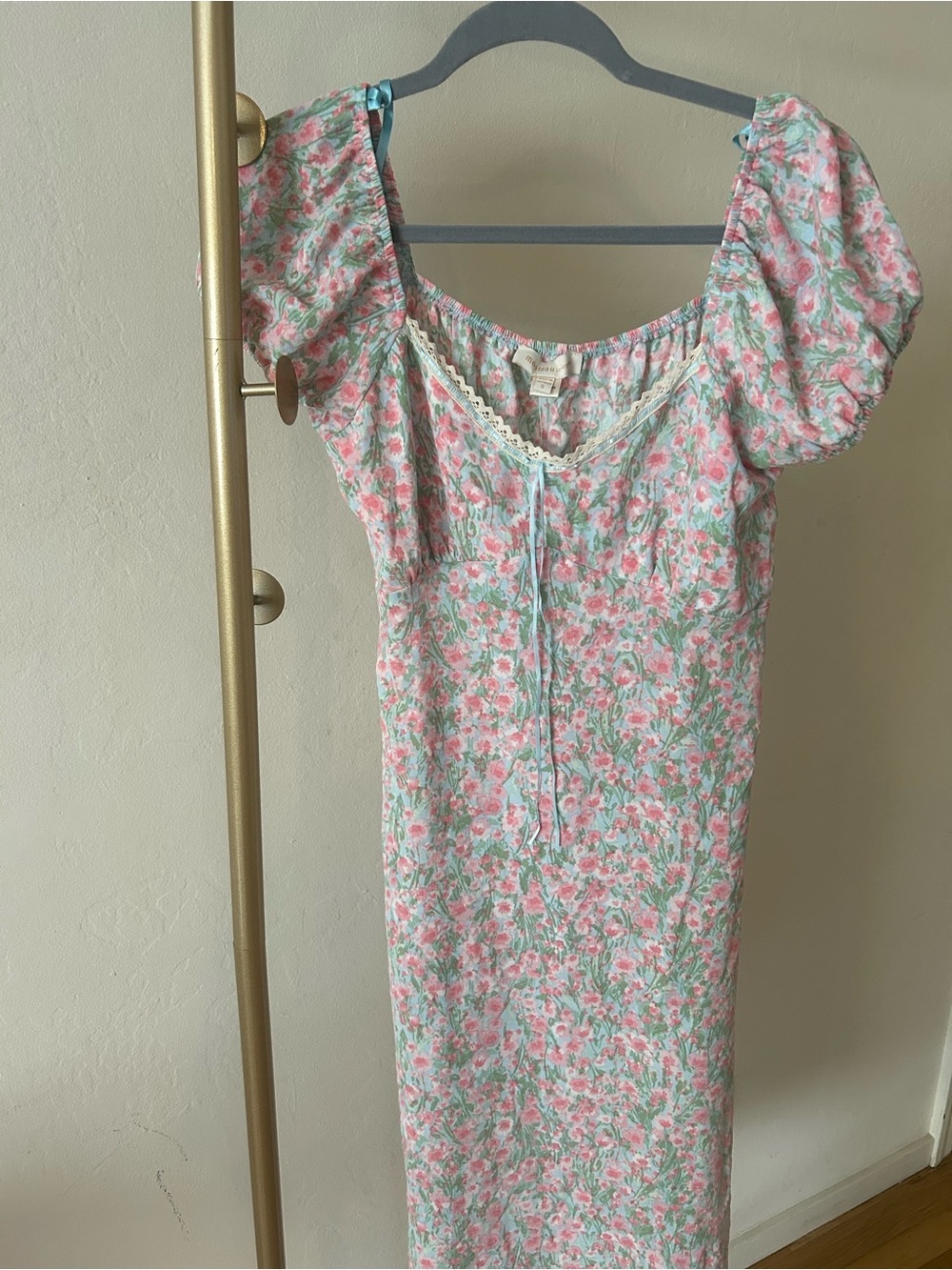 NWT Monteau Floral Midi Dress Cottagecore Puff Sleeve Tie Front PinkGreen Size S